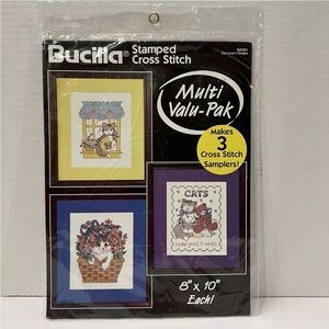 BUCILLA SET of 3 SAMPLERS STAMPED FOR CROSS STITCH - CAT LOVER'S DELIGHT #64181